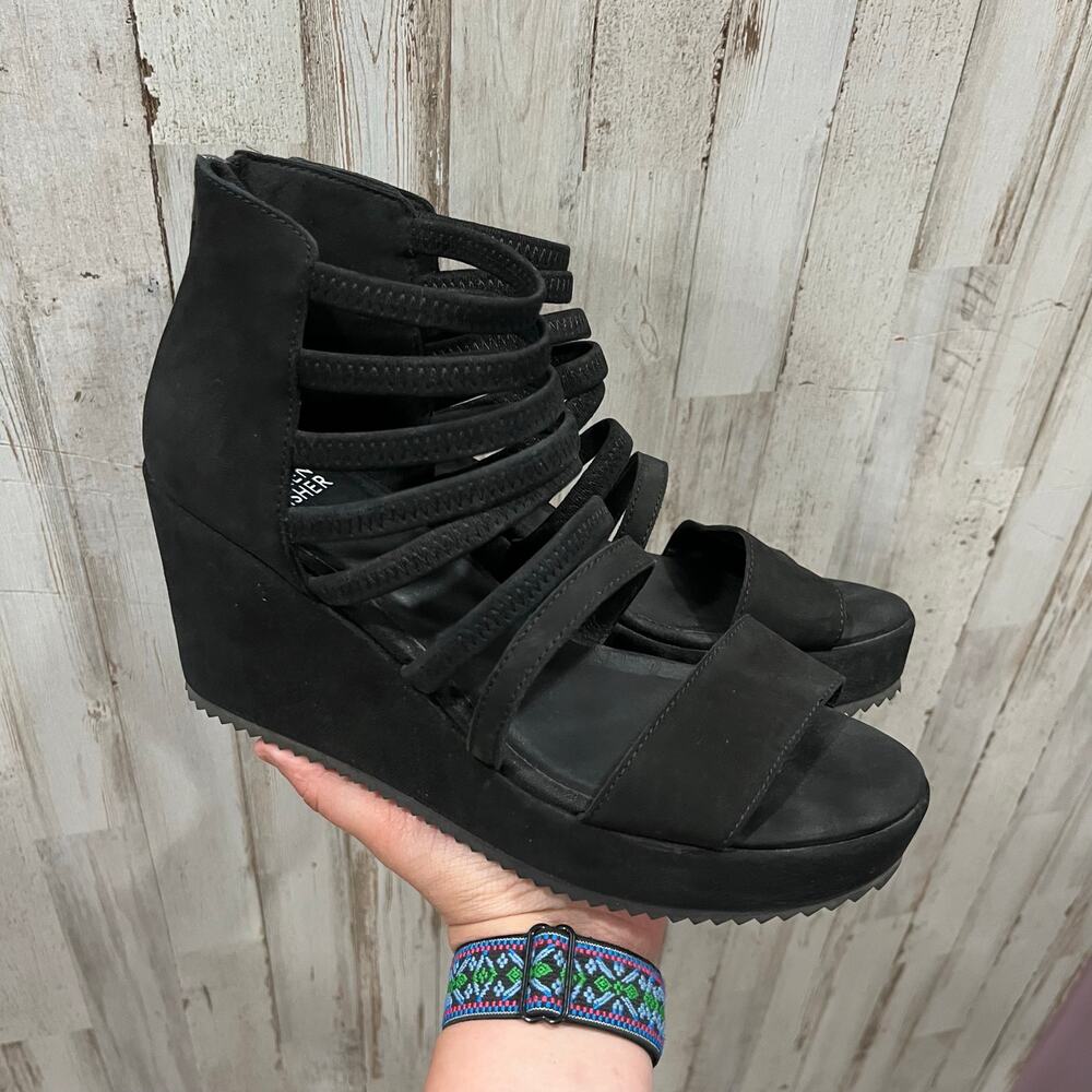 Eileen Fisher Black Suede Wavey Strappy Wedges Heels Sandals Womens Size 8.5